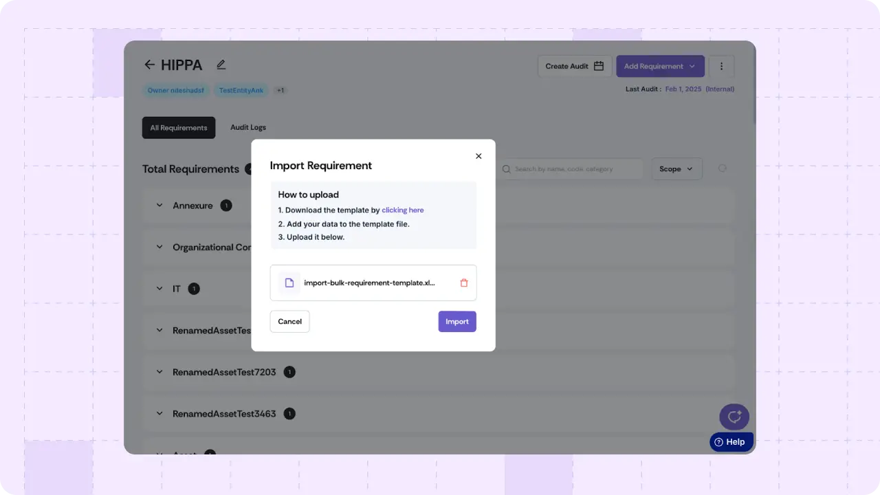 Bulk import framework requirements via a guided upload experience