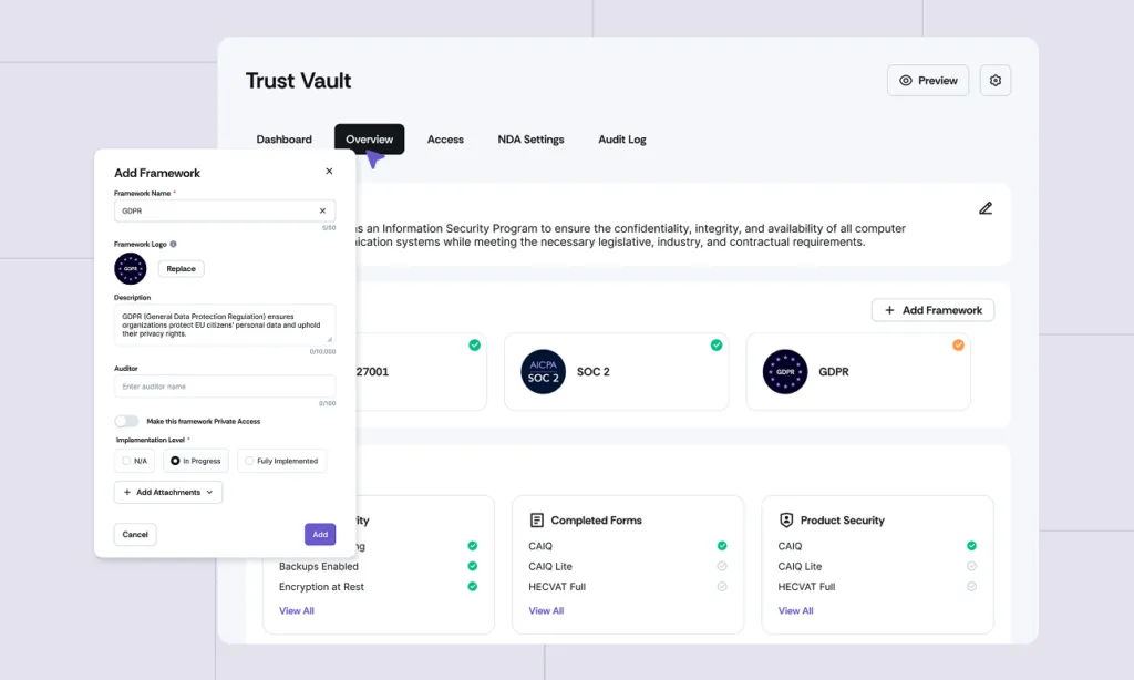 Updates to Trust Vault: Access, framework settings, and session management