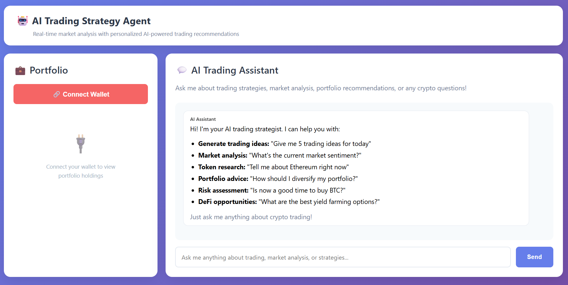 Prototype web interface showing wallet connection, token balances, live prices, and an embedded AI chat box for crypto questions