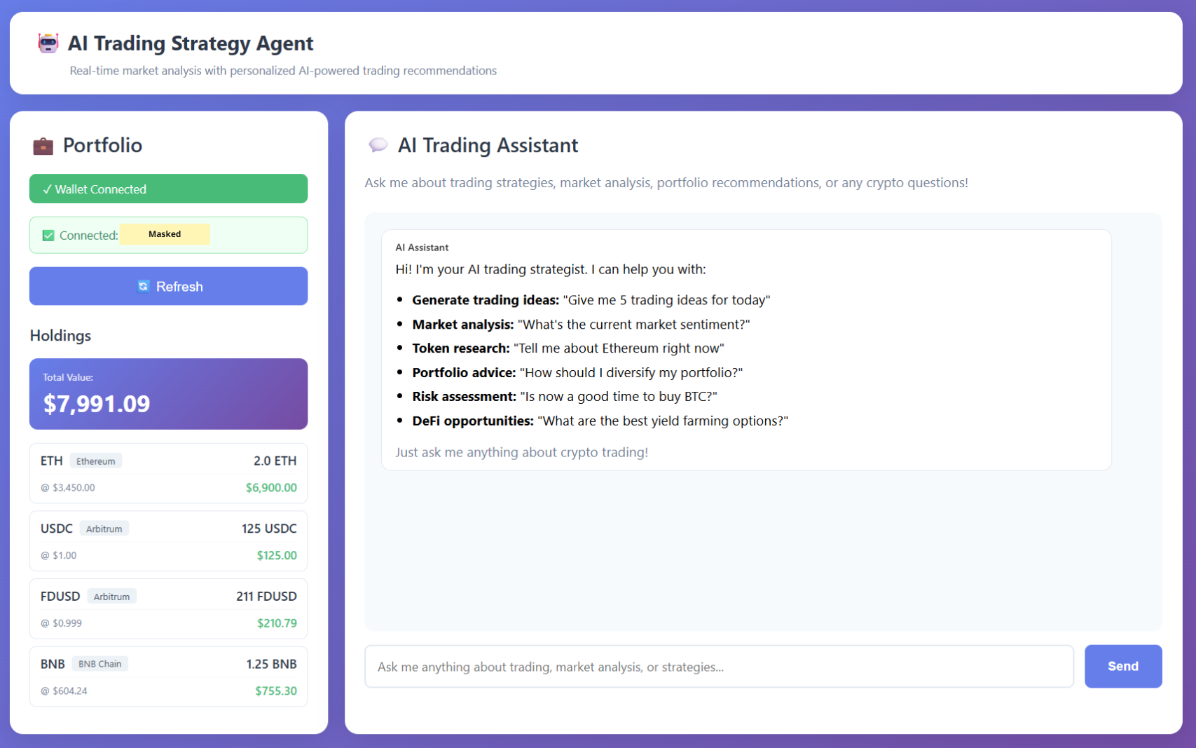 Local AI crypto agent displaying testnet wallet balances alongside live USD prices fetched from the CoinGecko API.