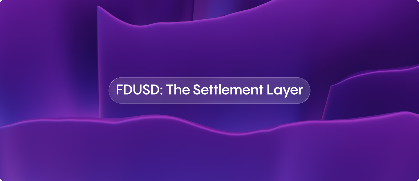 Layered purple abstract landscape background with the centered title “FDUSD: The Settlement Layer” inside a rounded translucent label.