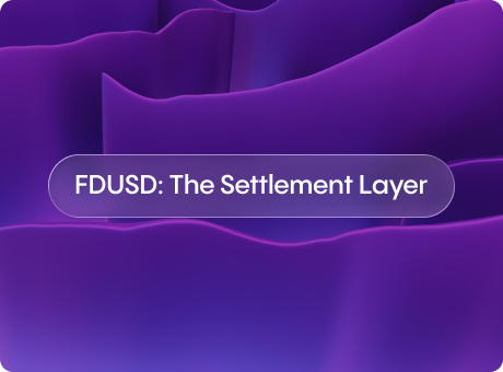 Layered purple abstract landscape background with the centered title “FDUSD: The Settlement Layer” inside a rounded translucent label.