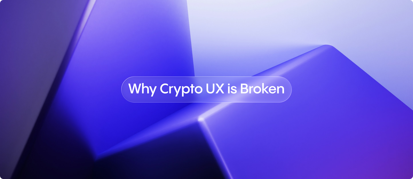 Abstract purple geometric background with soft lighting and the centered title “Why Crypto UX is Broken” inside a translucent rounded label.