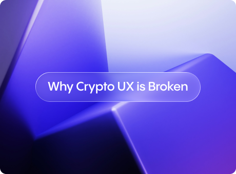 Abstract purple geometric background with soft lighting and the centered title “Why Crypto UX is Broken” inside a translucent rounded label.