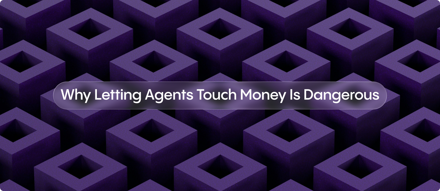 Dark purple 3D cube pattern background with the centered title “Why Letting Agents Touch Money Is Dangerous” in a rounded translucent banner.