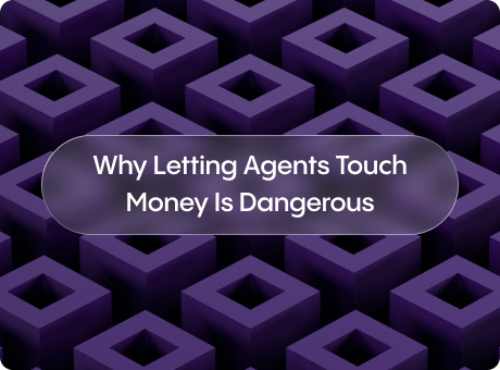 Dark purple 3D cube pattern background with the centered title “Why Letting Agents Touch Money Is Dangerous” in a rounded translucent banner.