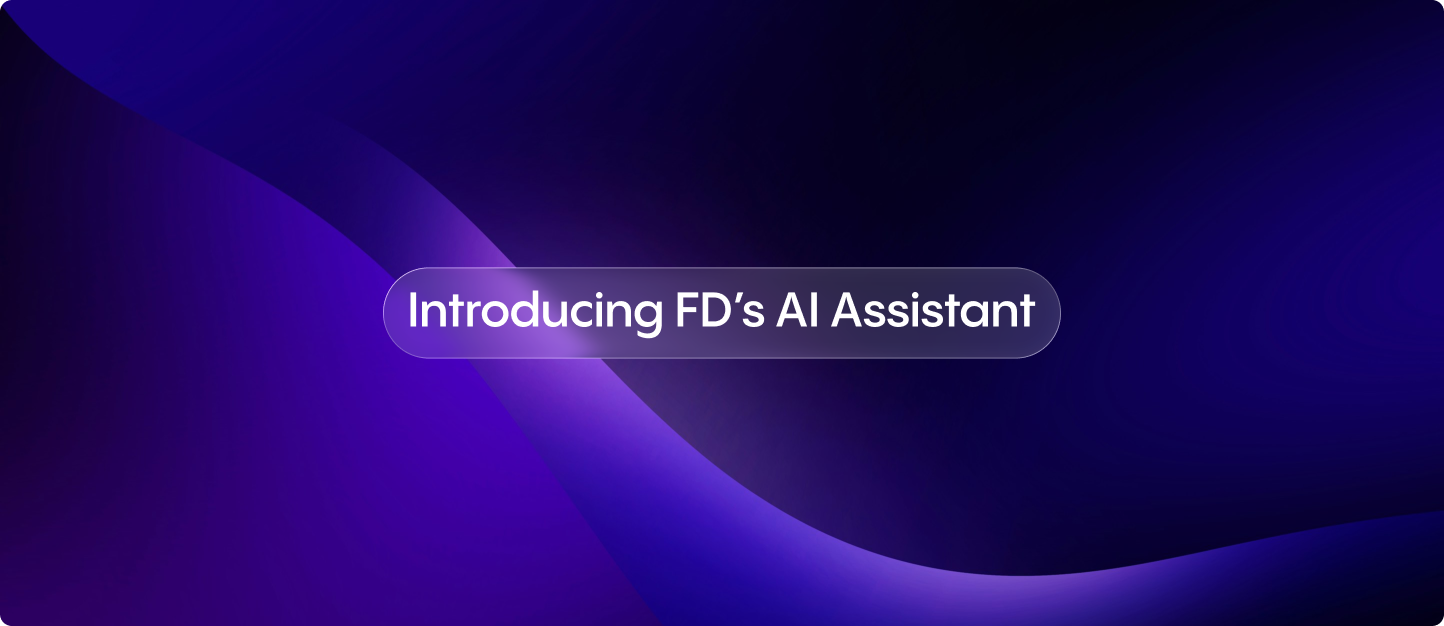Dark purple abstract wave background with the centered title “Introducing FD’s AI Assistant” inside a rounded translucent banner.