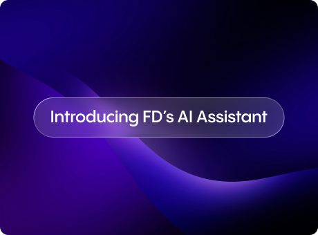 Dark purple abstract wave background with the centered title “Introducing FD’s AI Assistant” inside a rounded translucent banner.