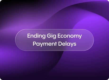 Smooth abstract purple gradient background with flowing shapes and the centered title “Ending Gig Economy Payment Delays” in a translucent rounded label.