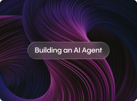 Swirling purple and magenta abstract ribbon background with the centered title “Building an AI Agent” in a translucent rounded pill.