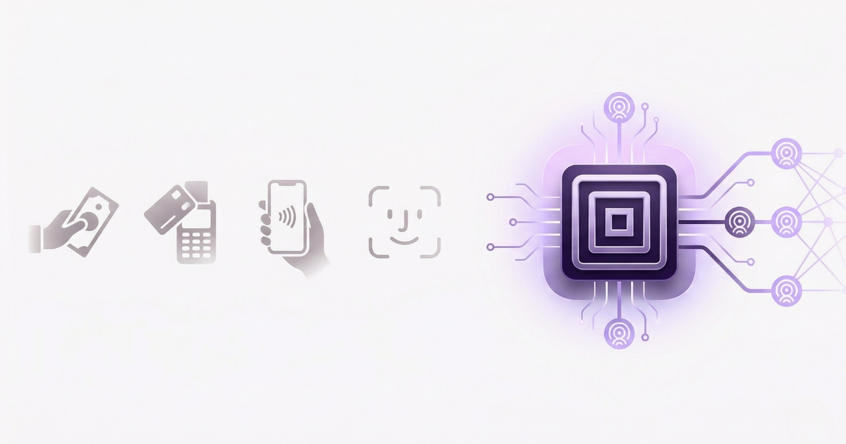 A horizontal timeline showing the evolution of payment methods from cash to card to smartphone to face ID to invisible AI agent payment