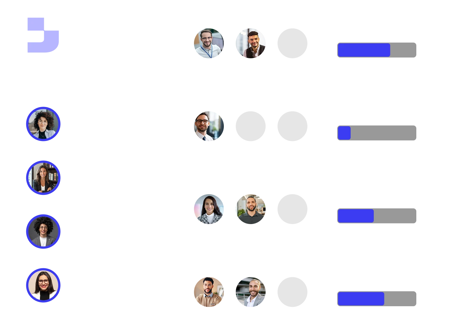 Tabela de serviços com fotos de pessoas, mostrando nomes, datas e botões para mais informações.