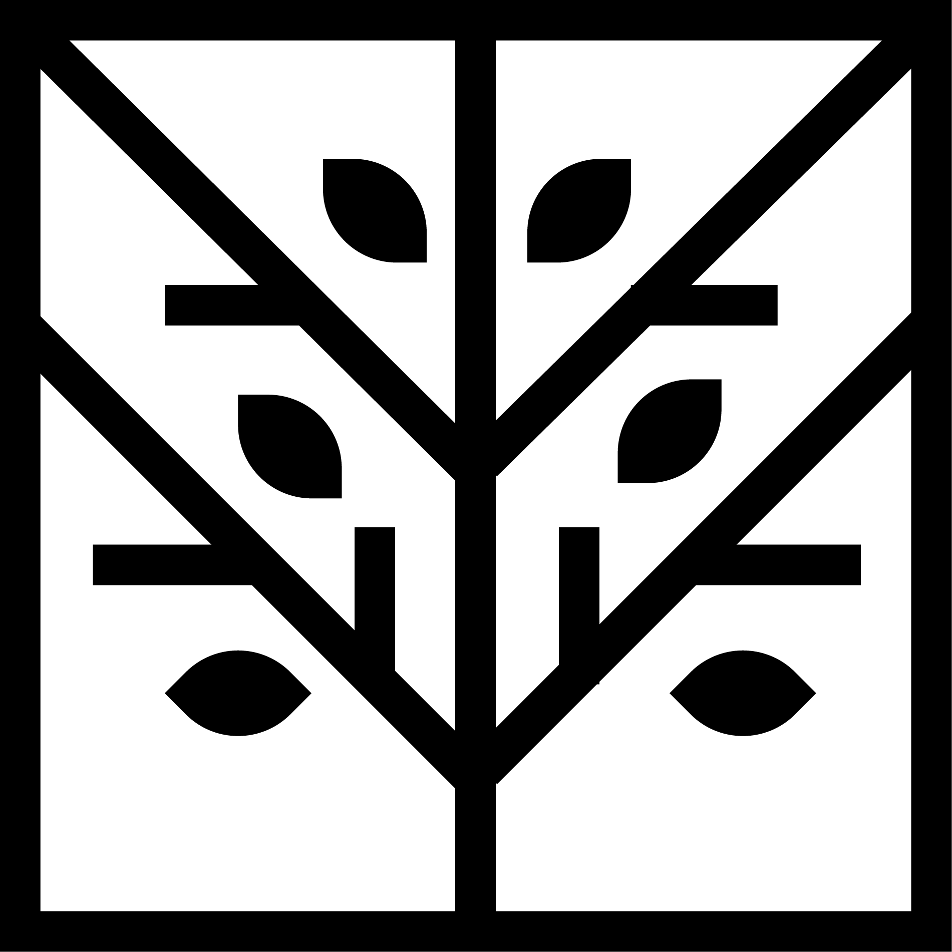 Black and white geometric logo depicting a stylized tree with symmetrical branches and leaves within a square frame.