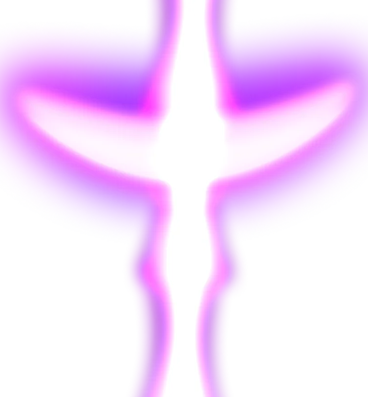 Bright glowing purple and white abstract shape resembling a stylized cross or figure with outstretched arms.