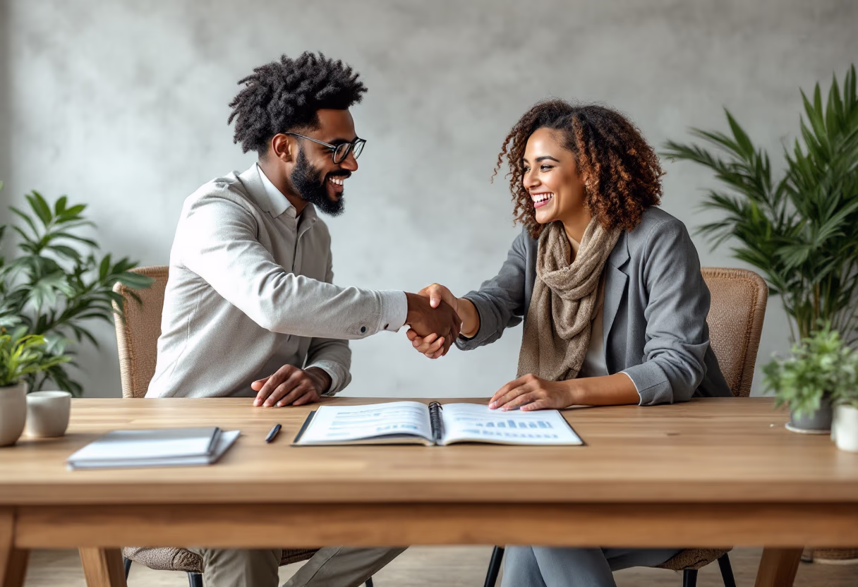 image of handshake over a financial report