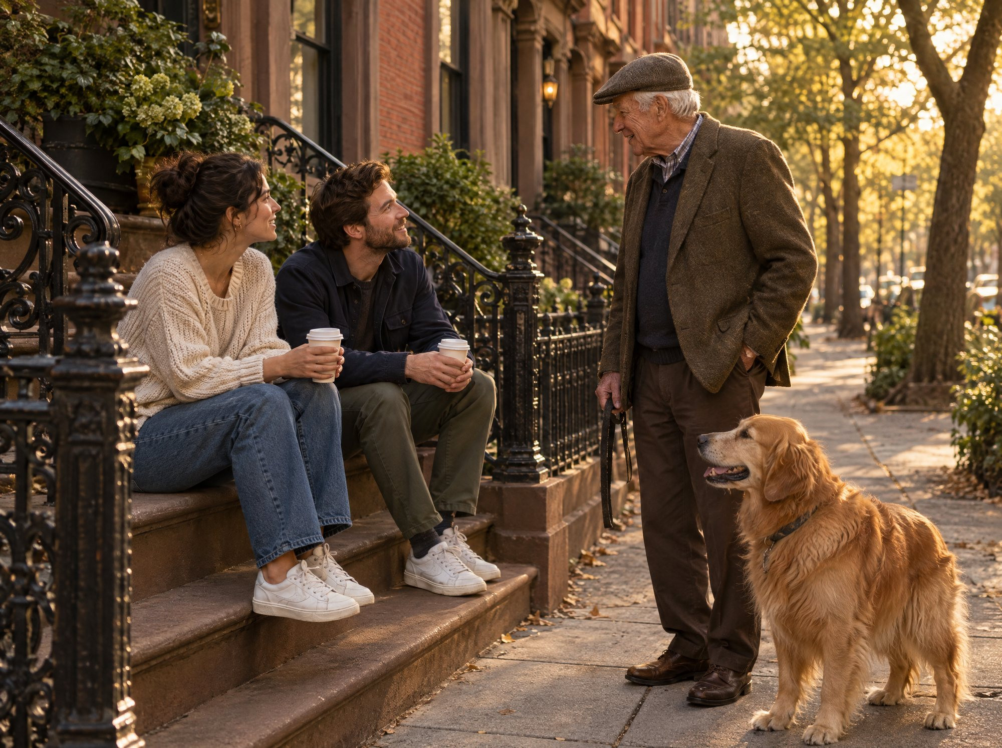 A couple with coffee on a brownstone stoop, talking with an older man and his dog