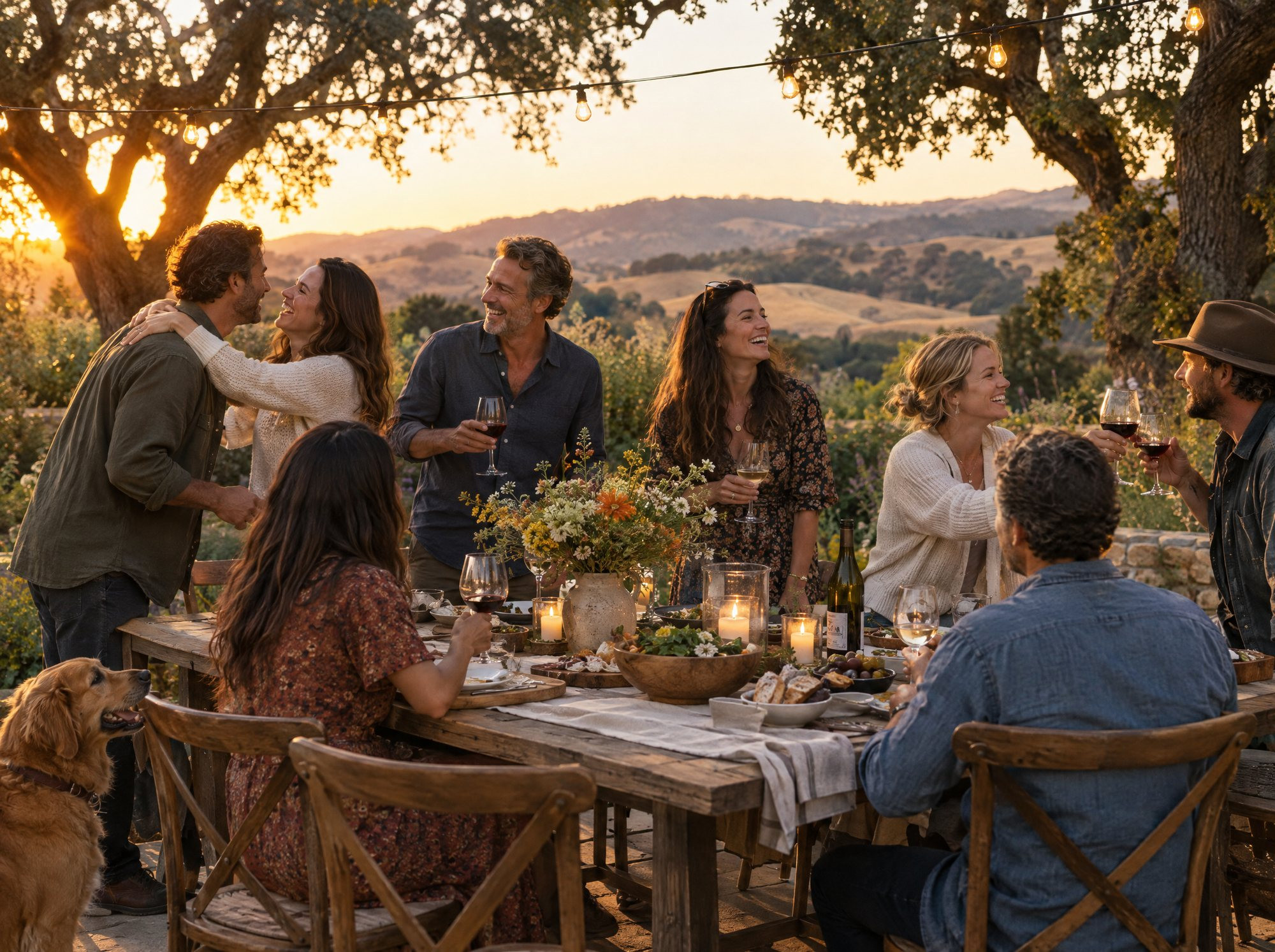 Friends gathered around a backyard dinner table at sunset, golden hills behind them