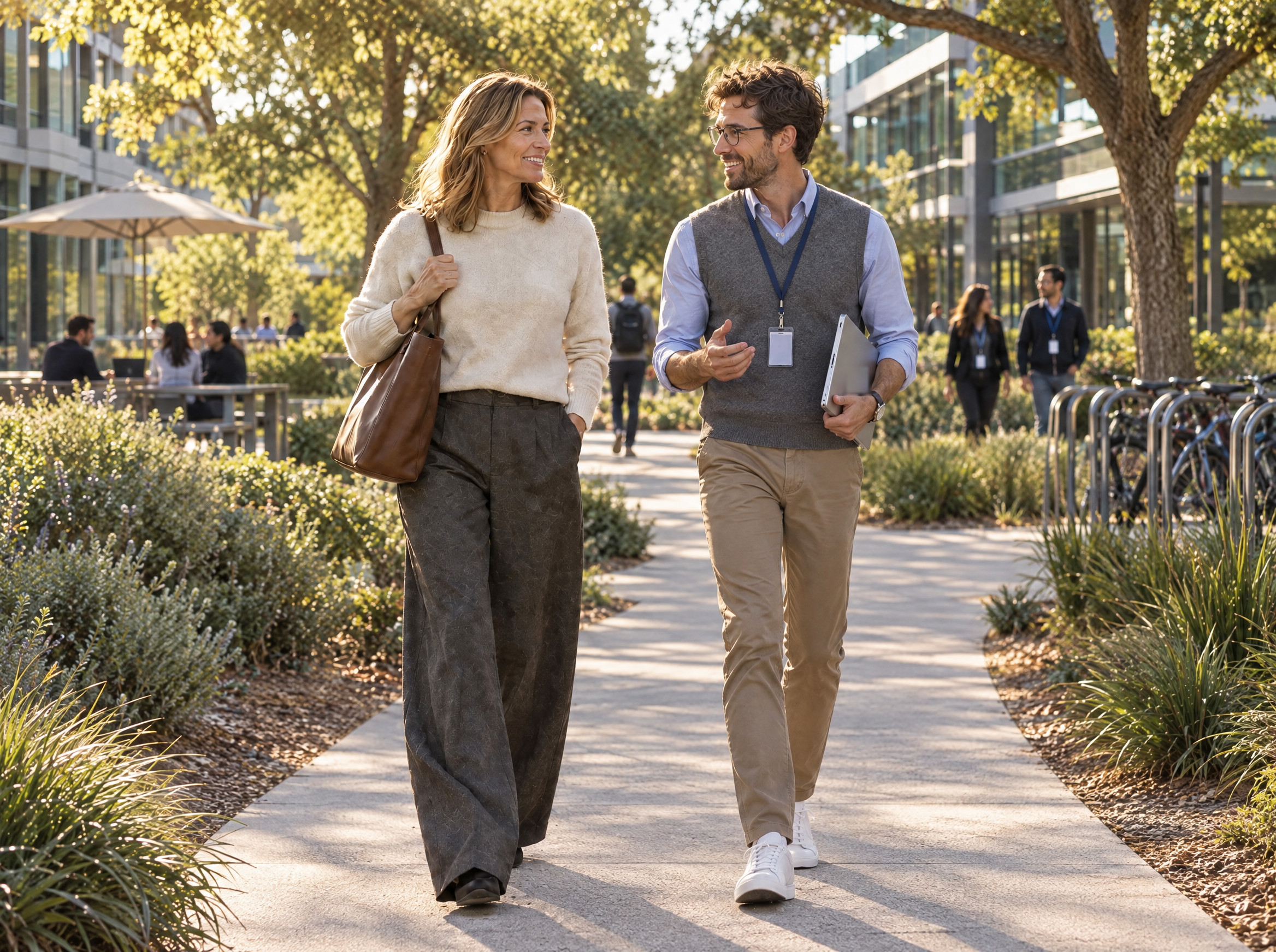 A woman and a man in glasses with a laptop and ID badge talking as they walk through a tech office campus
