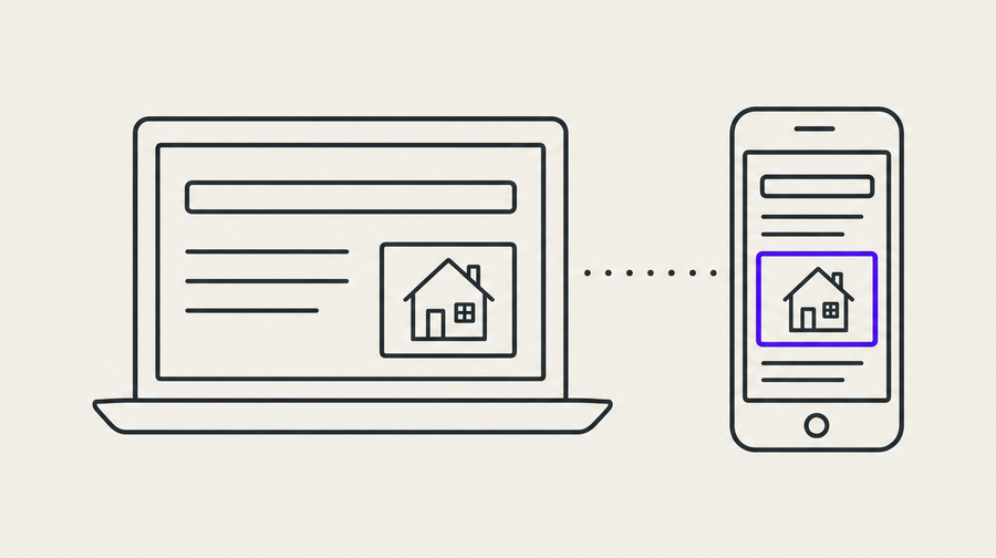 Drawing: a laptop and a phone showing the same listing ad