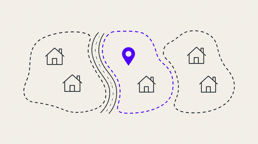 Drawing: three neighborhoods on a map, one of them outlined