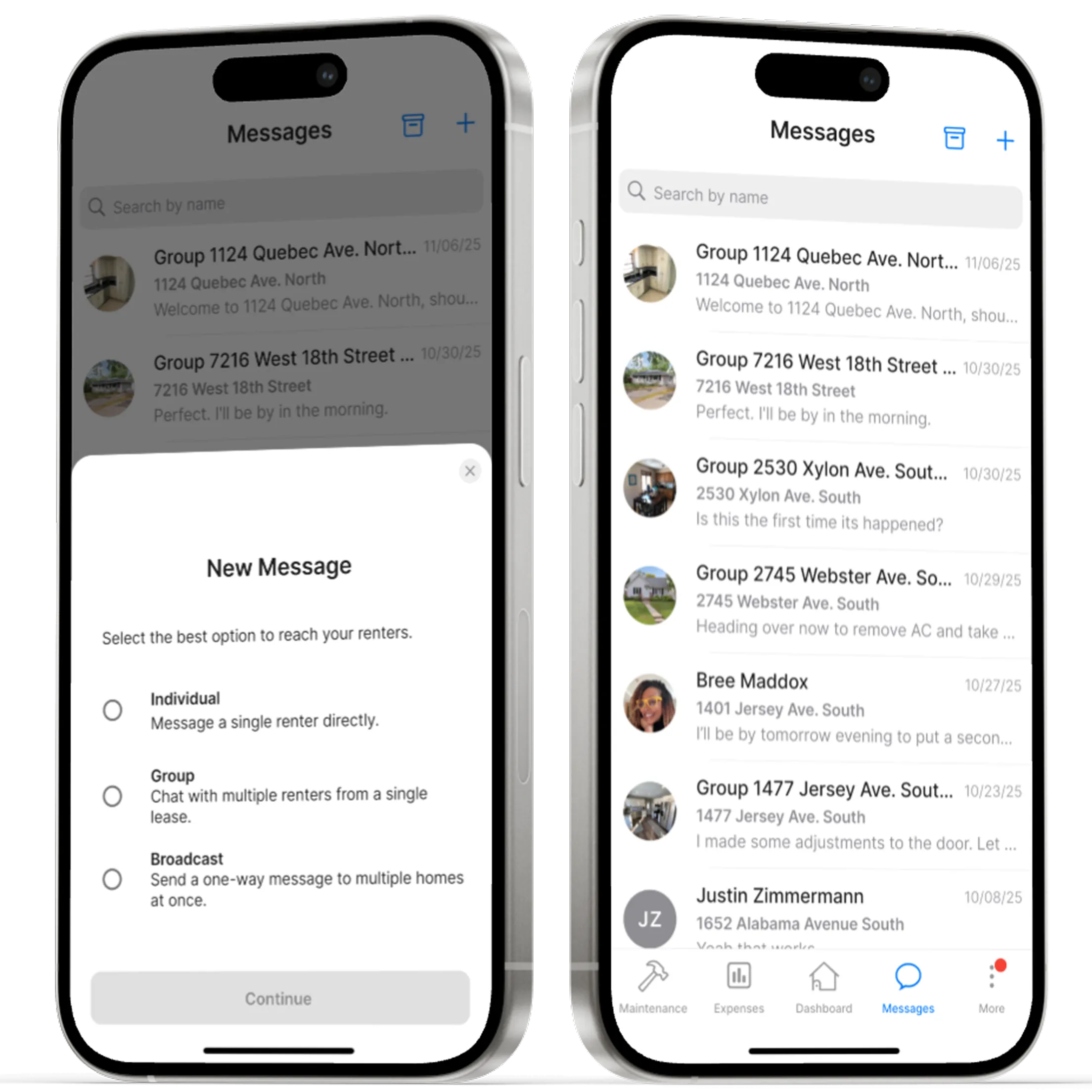 Mobile screen showing view of landlord–tenant messaging hub