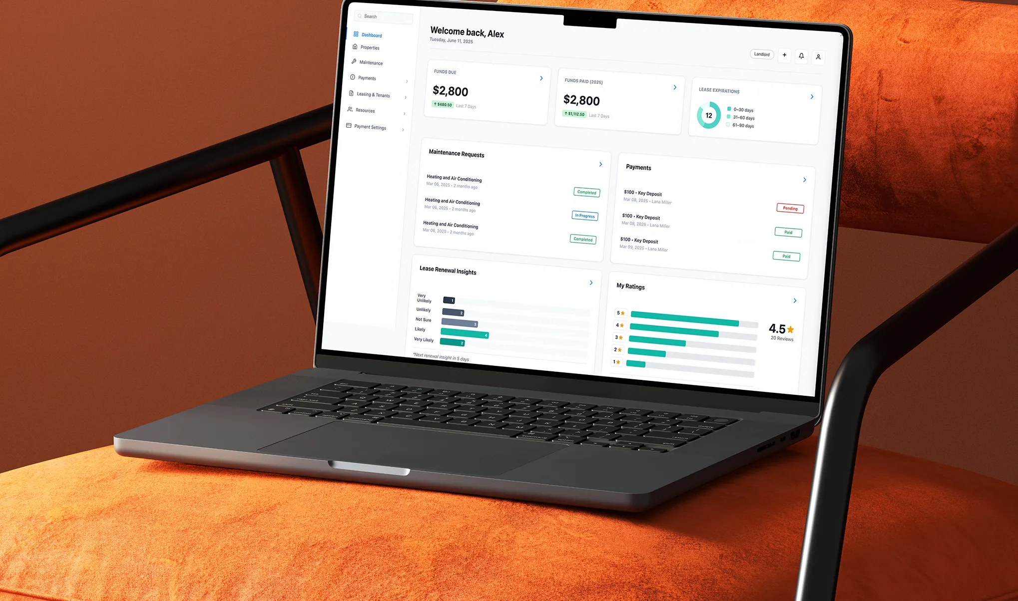 Desktop screen showing landlord dashboard
