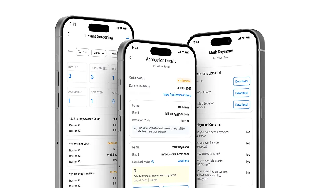 Mobile screen showing Tenant application and screening dashboard