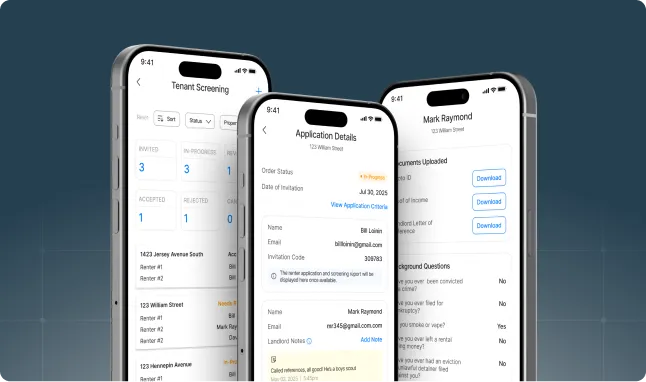 Mobile screen showing Tenant application and screening dashboard