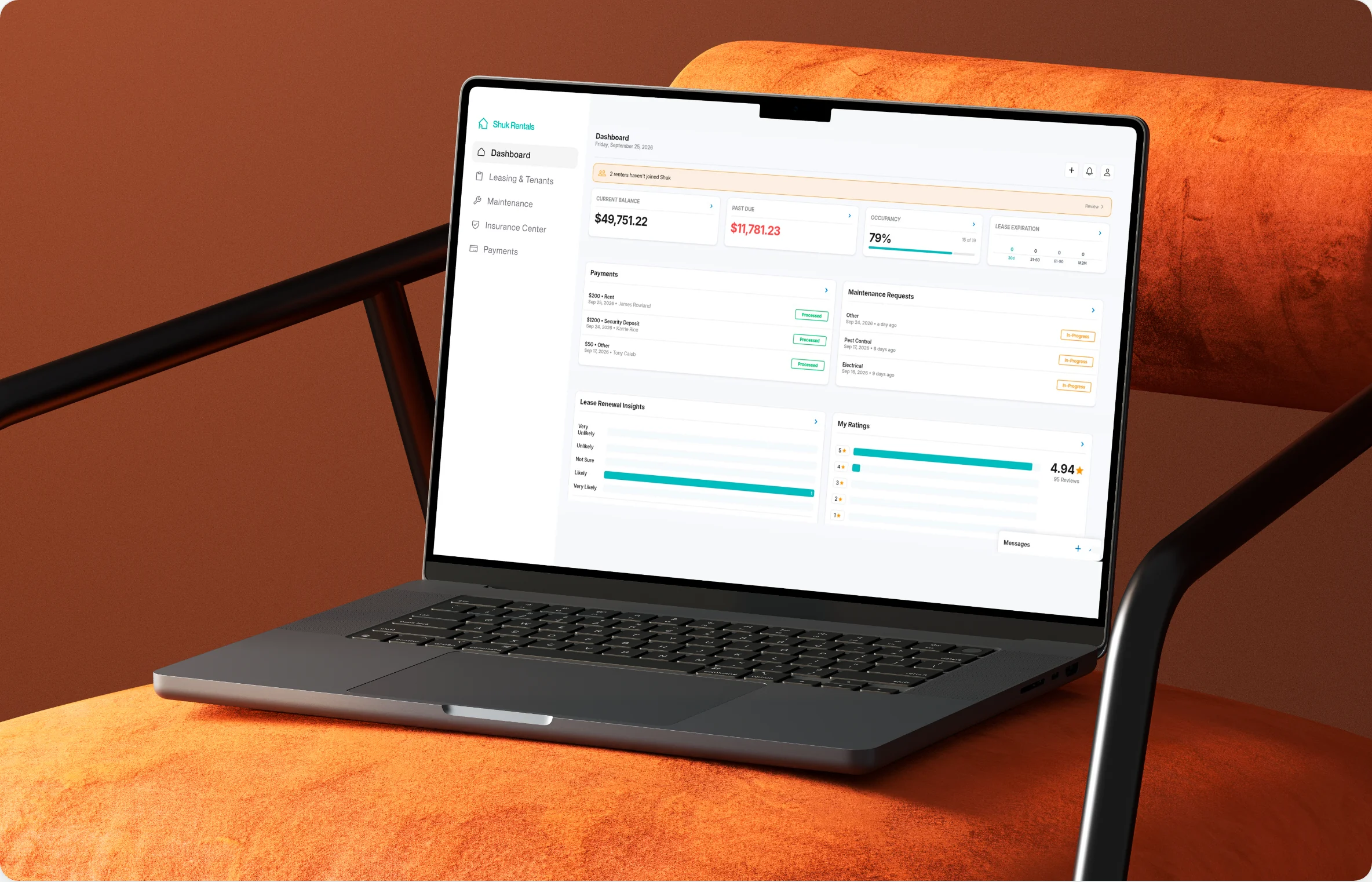 Lease portfolio dashboard with property rollups and tenant detail