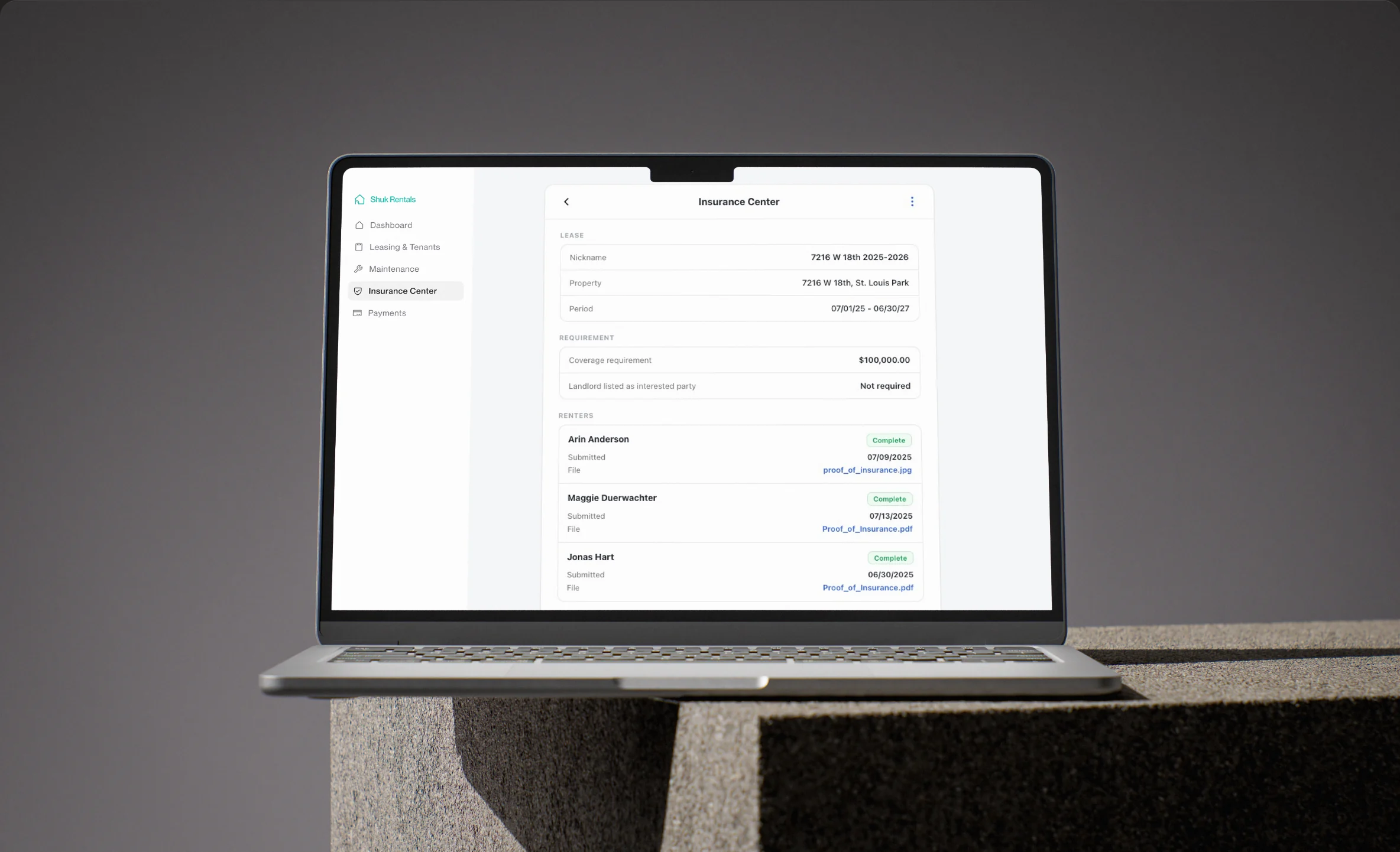 Insurance tracking view showing policies with effective dates and document attachments