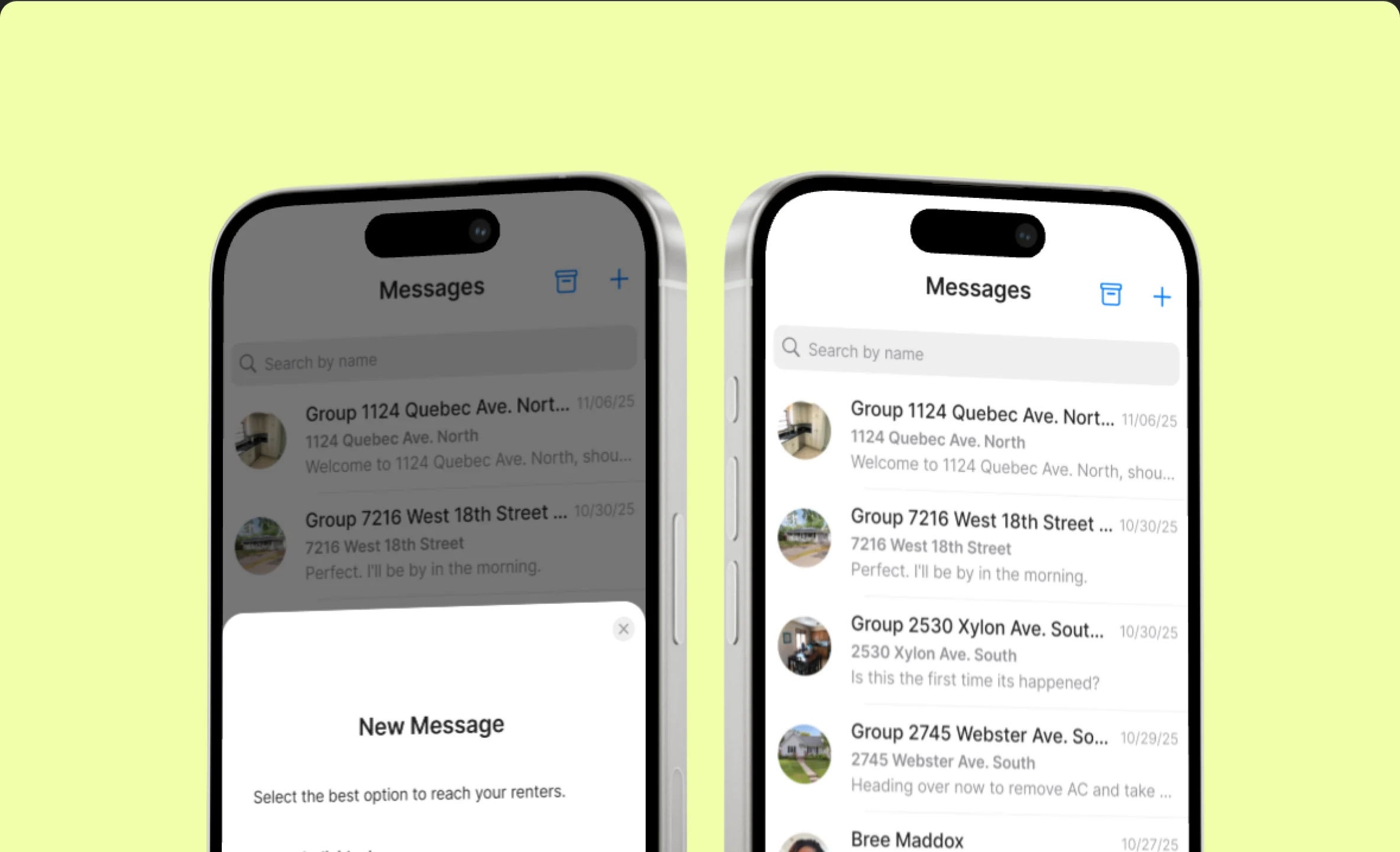 Messaging view with threads organized by property and tenant