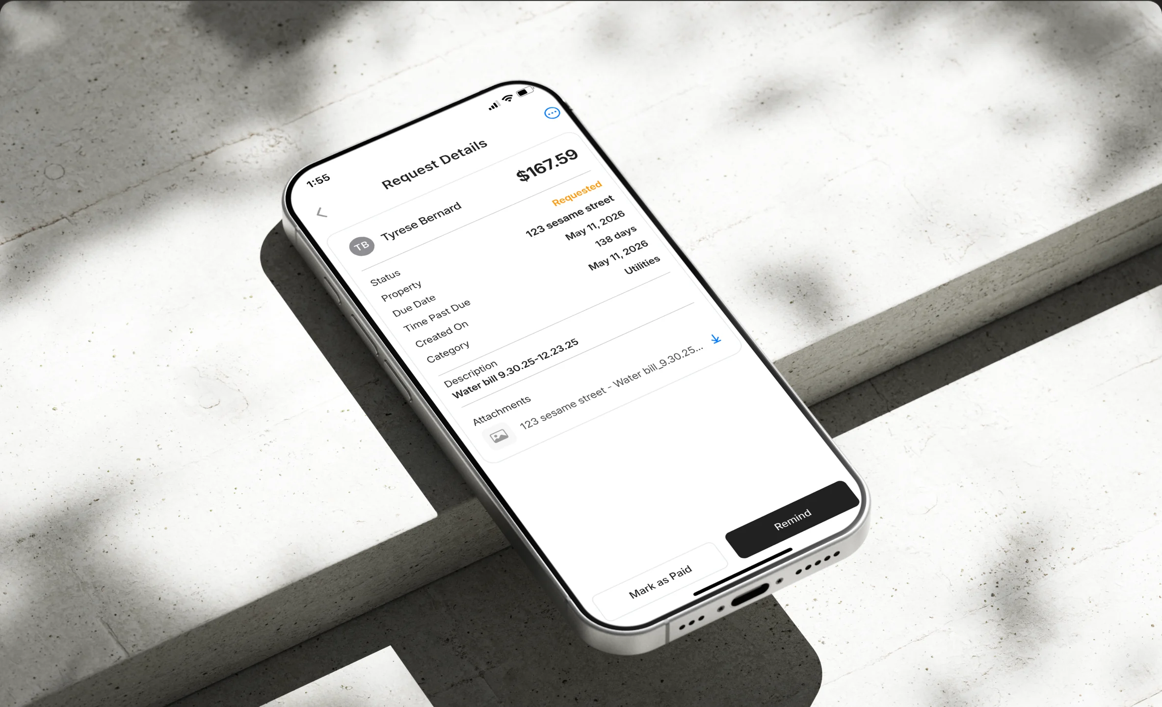 Dashboard view of a payment request with amount, due date, and attached receipt