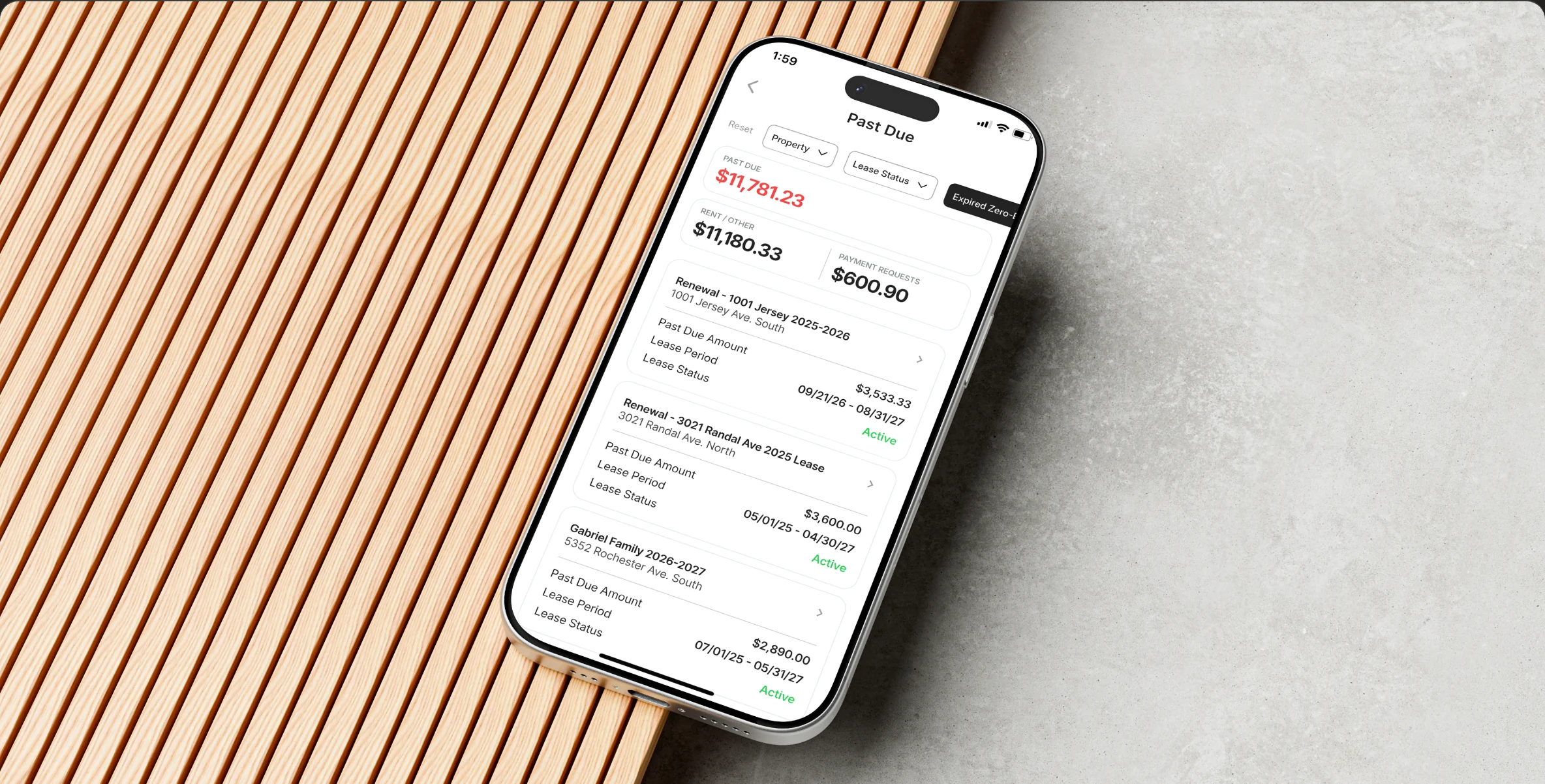 Landlord dashboard showing rent roll with paid states