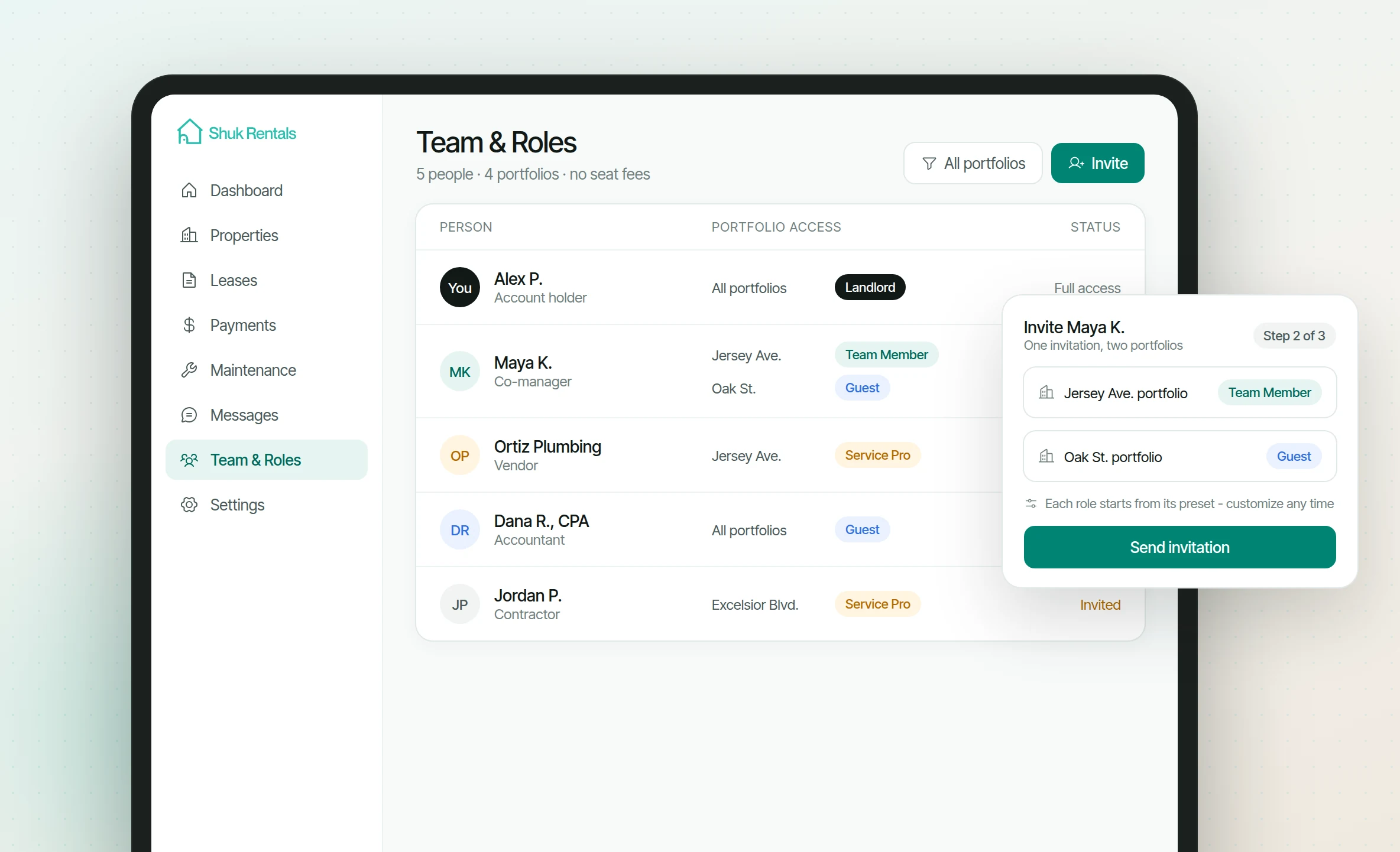 Team management screen showing roles, permissions, and user list across a portfolio