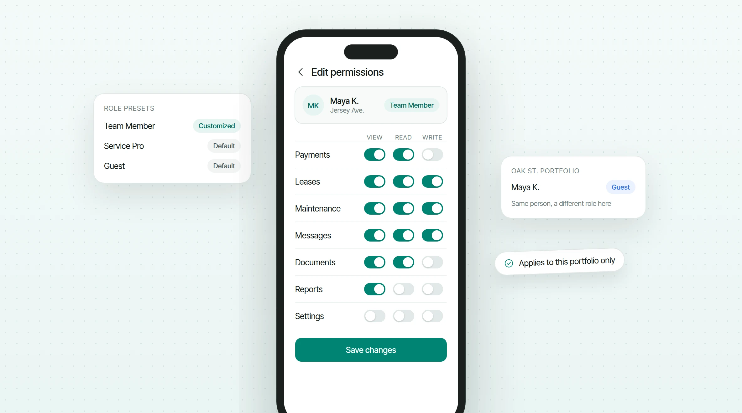 Phone showing Edit permissions for a team member, with view, read and write toggles per area