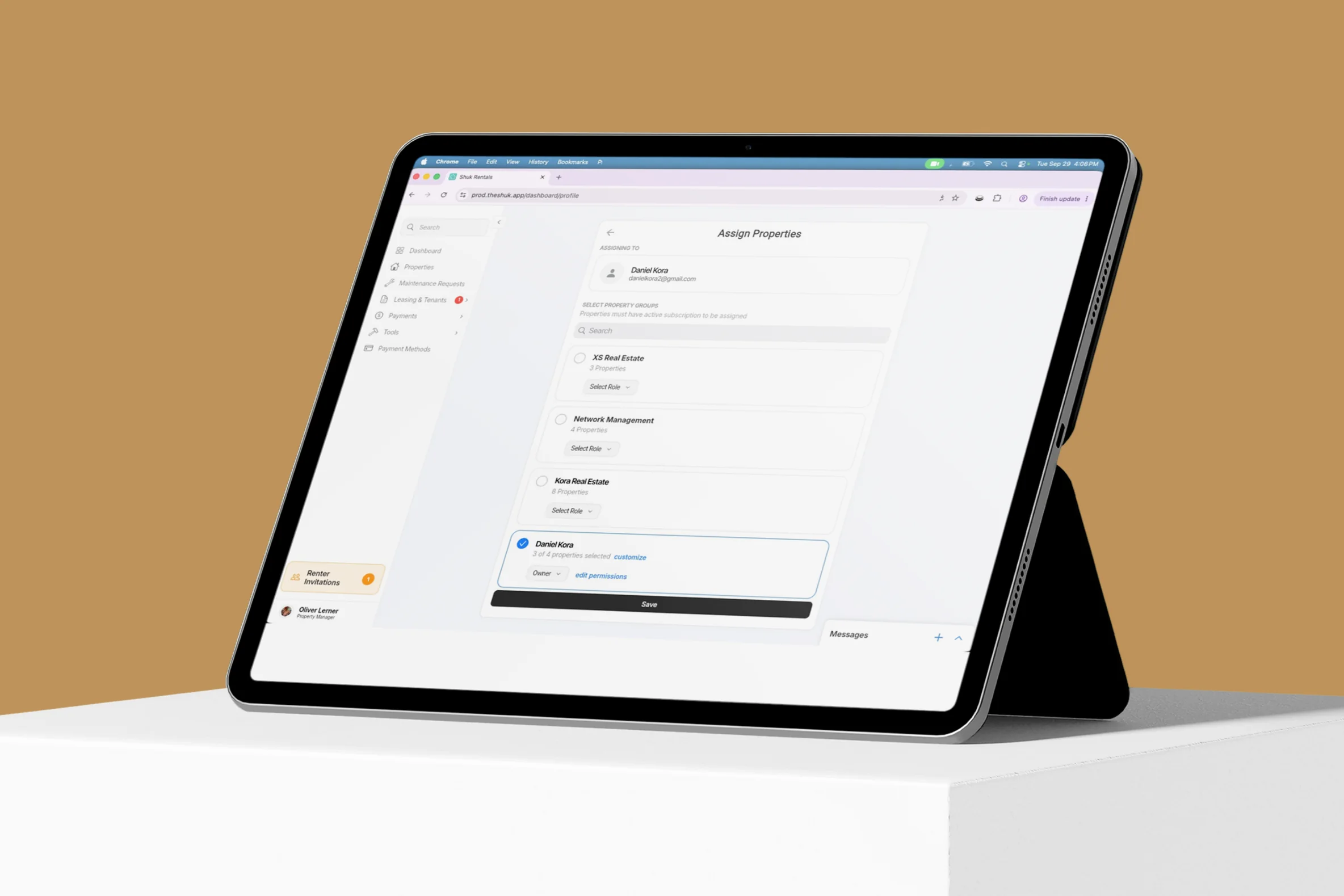Assign Properties on a tablet: choosing which property groups a team member can access and their role for each