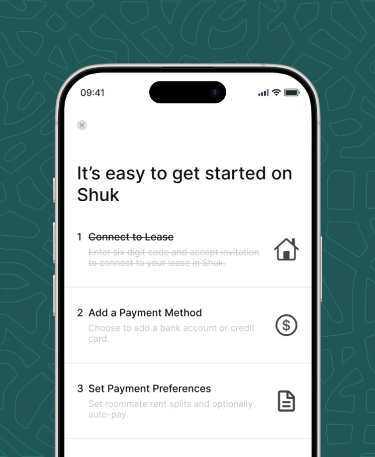 The Shuk app on a phone showing the three steps to get started as a renter: connect to your lease, add a payment method and set payment preferences