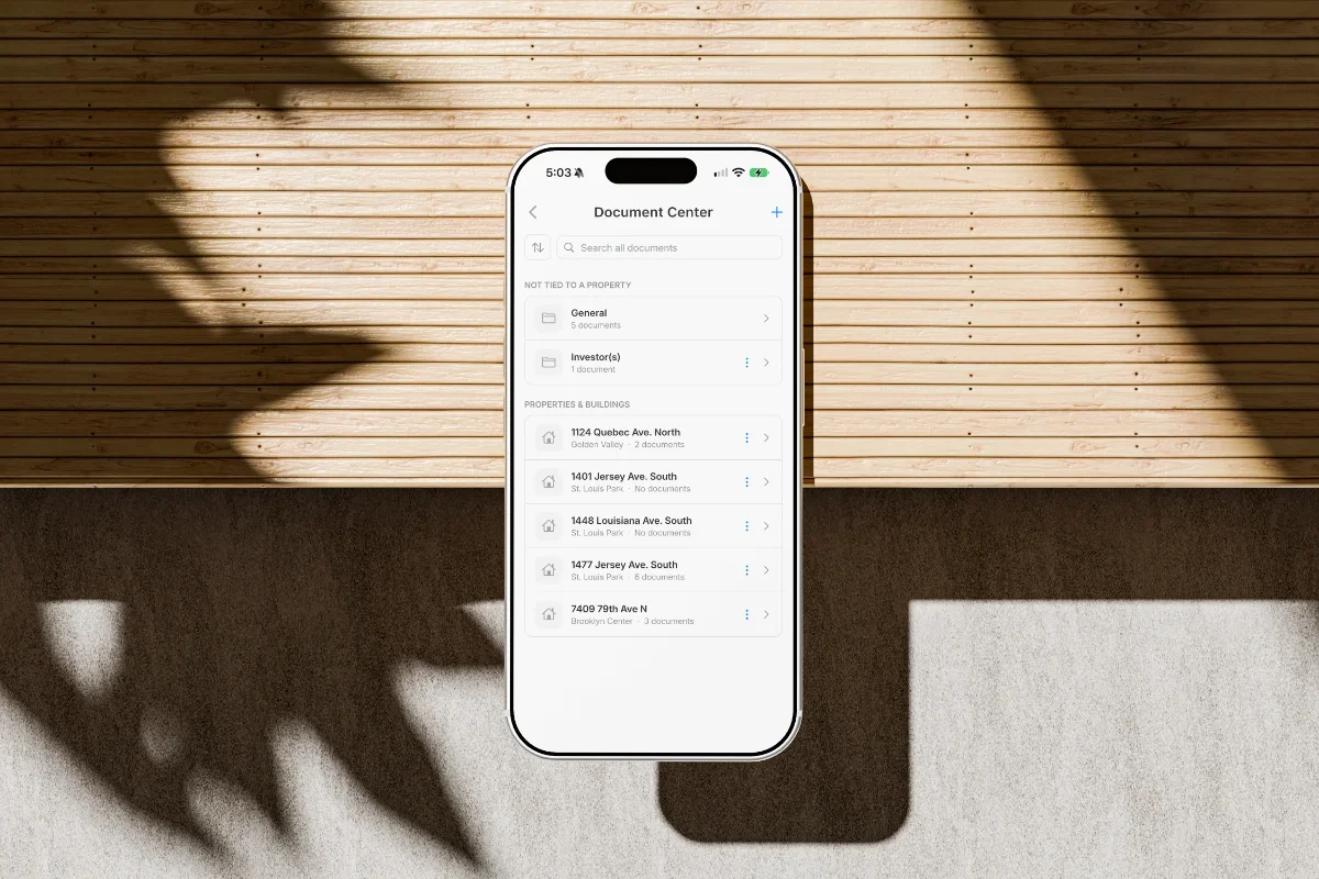 Document Center on a phone, with General and Investor folders above a folder for each property