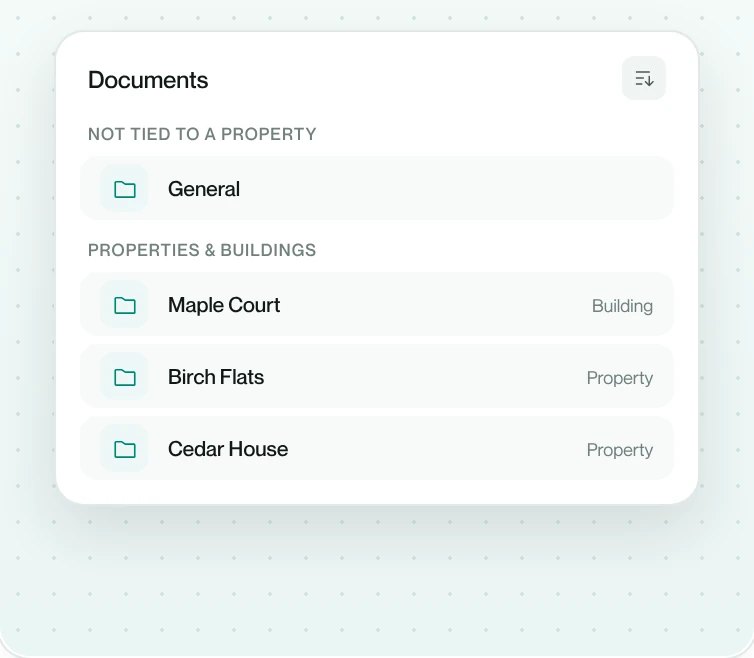 Document Center list with a General folder and a folder for each property and building