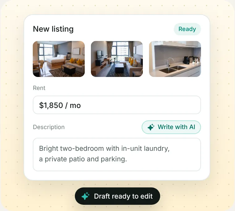 A new listing with three photos, rent and an AI-written description ready to edit