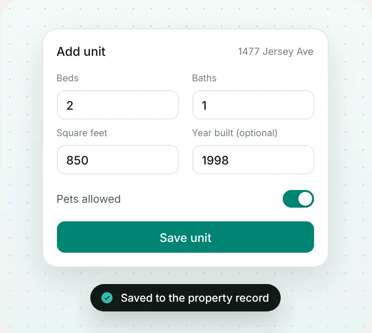 Adding a unit in Shuk with beds, baths, square feet and pet policy