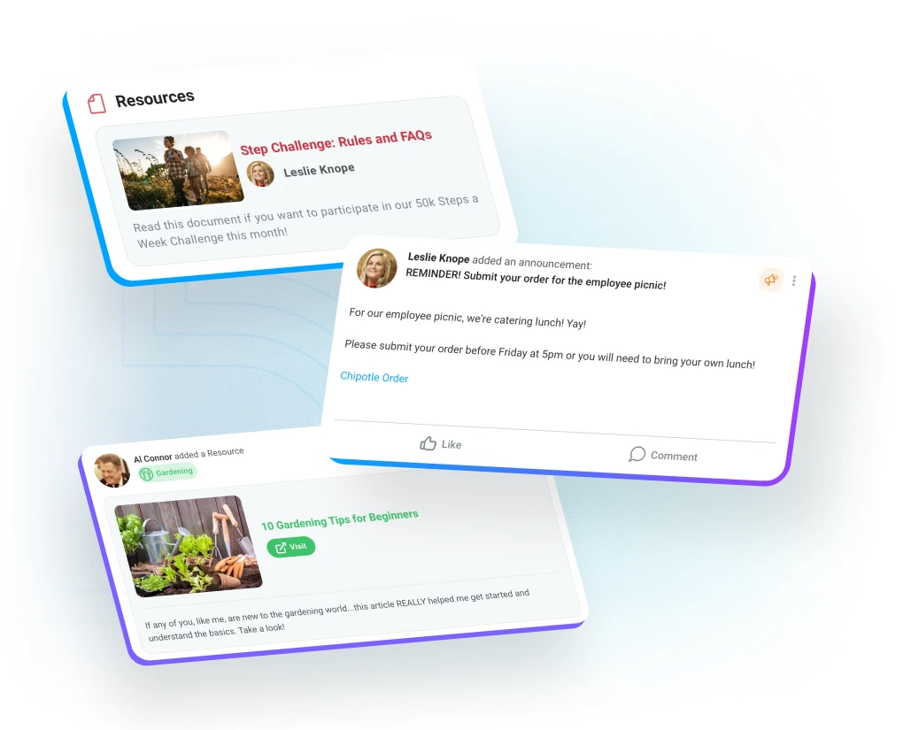 Resources, highlights, and employee communication tools in Motivosity that keep teams informed and connected.