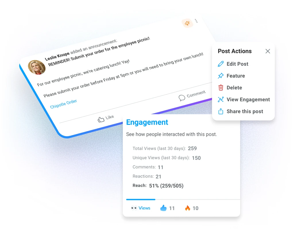 Engagement metrics on employee communications in Motivosity to measure visibility, reach, and impact.