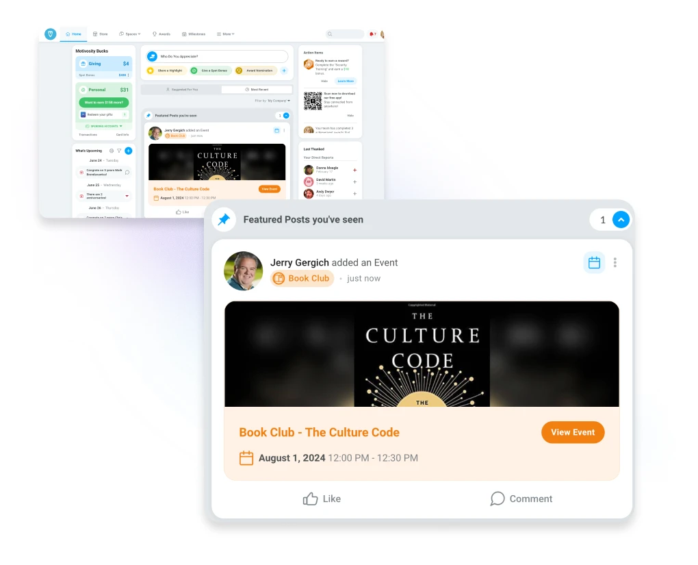 Internal communication features in Motivosity with pinned posts and filtered featured posts in employee feeds.