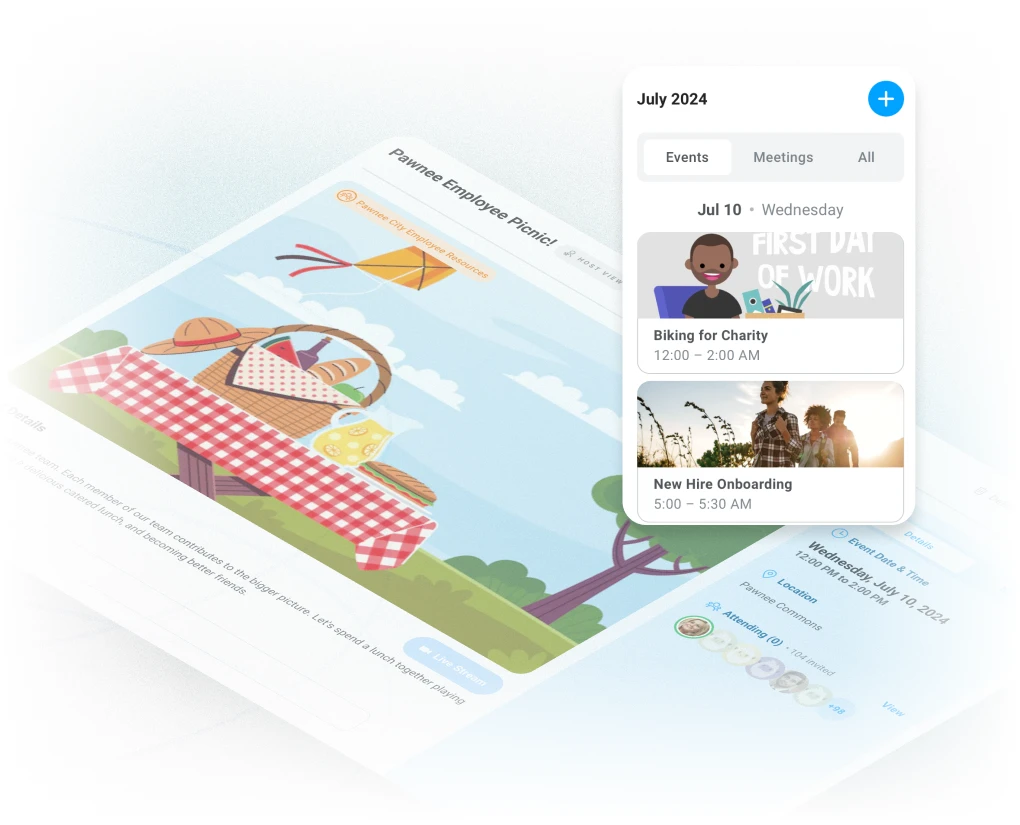 Announcements and upcoming events shared in Motivosity to keep employees connected and informed.