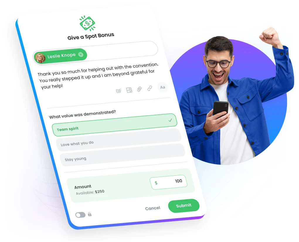 Motivosity recognition software awarding spot bonuses for employee achievements and goal fulfillment.