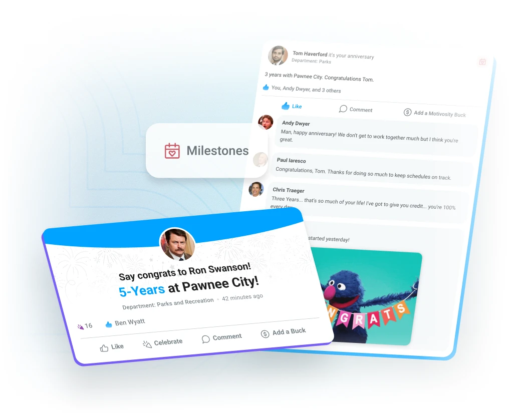 Service awards and birthday milestones celebrated with gifts in Motivosity’s employee recognition software.