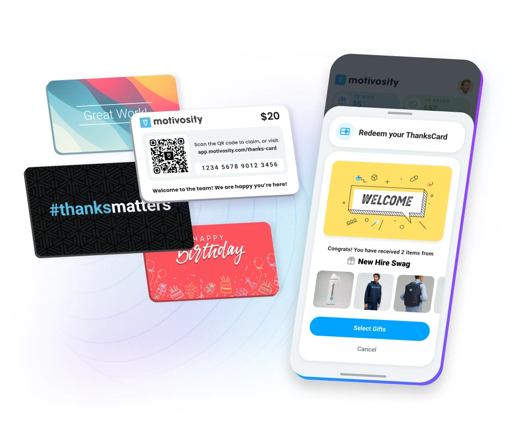 Motivosity employee recognition solution with physical QR code cards for rewards redemption by deskless and frontline workers.