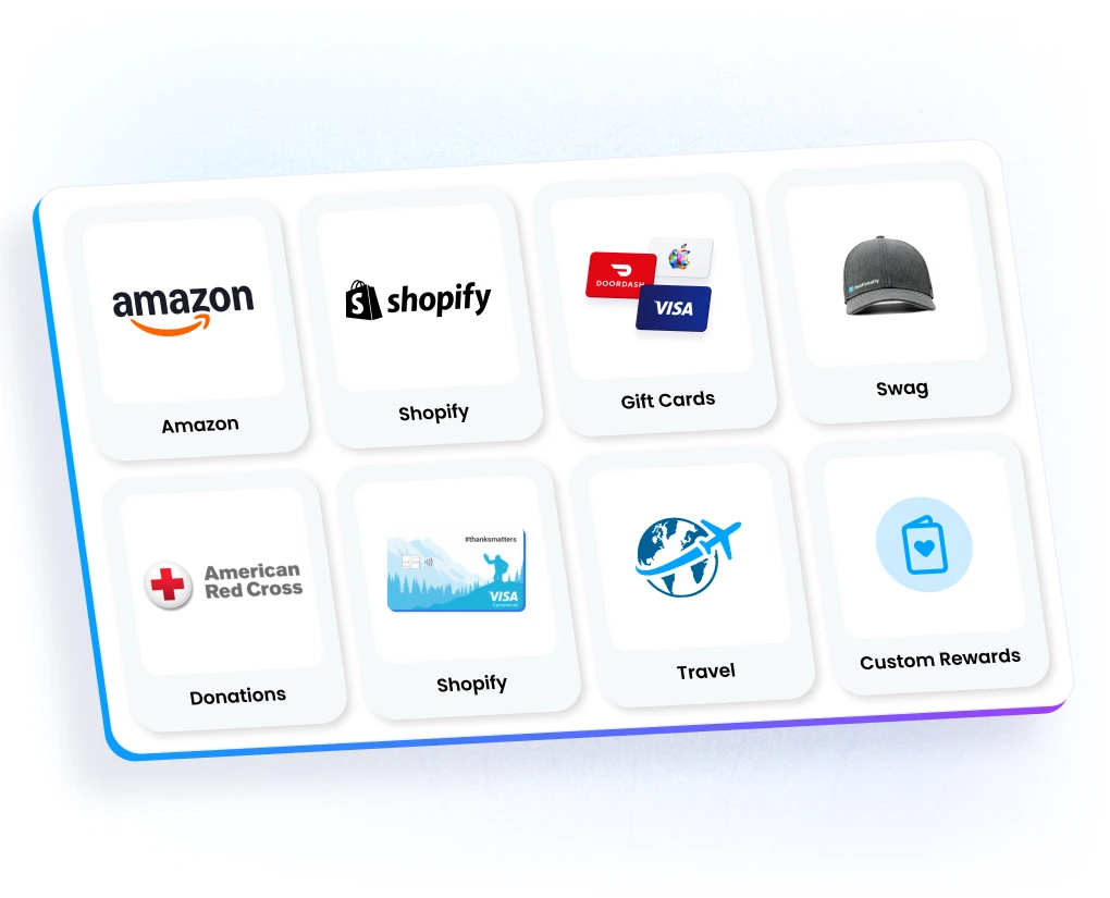 Choices of rewards employees can redeem in Motivosity, from gift cards and Amazon to Venmo, swag, and custom catalogs.