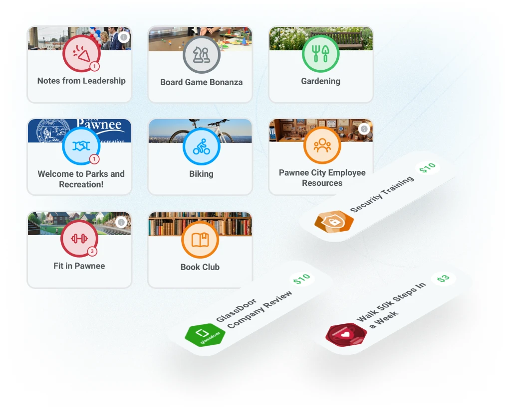 Examples of employee spaces in Motivosity including leadership communications, HR initiatives, programs, and interest groups.